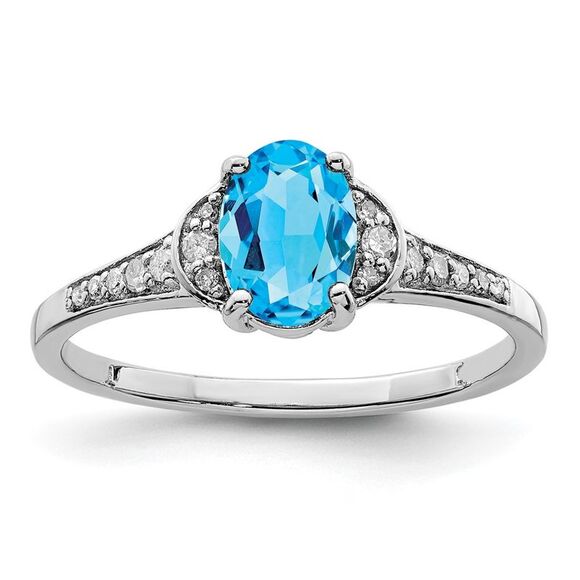 Kazi Luxury Sterling Silver Rhodium Oval Blue Topaz & Diam. Ring